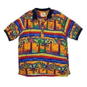Vintage Palm Bay Polo Shirt Mens L Large Watercolor Abstract Rayon Made Hawaii